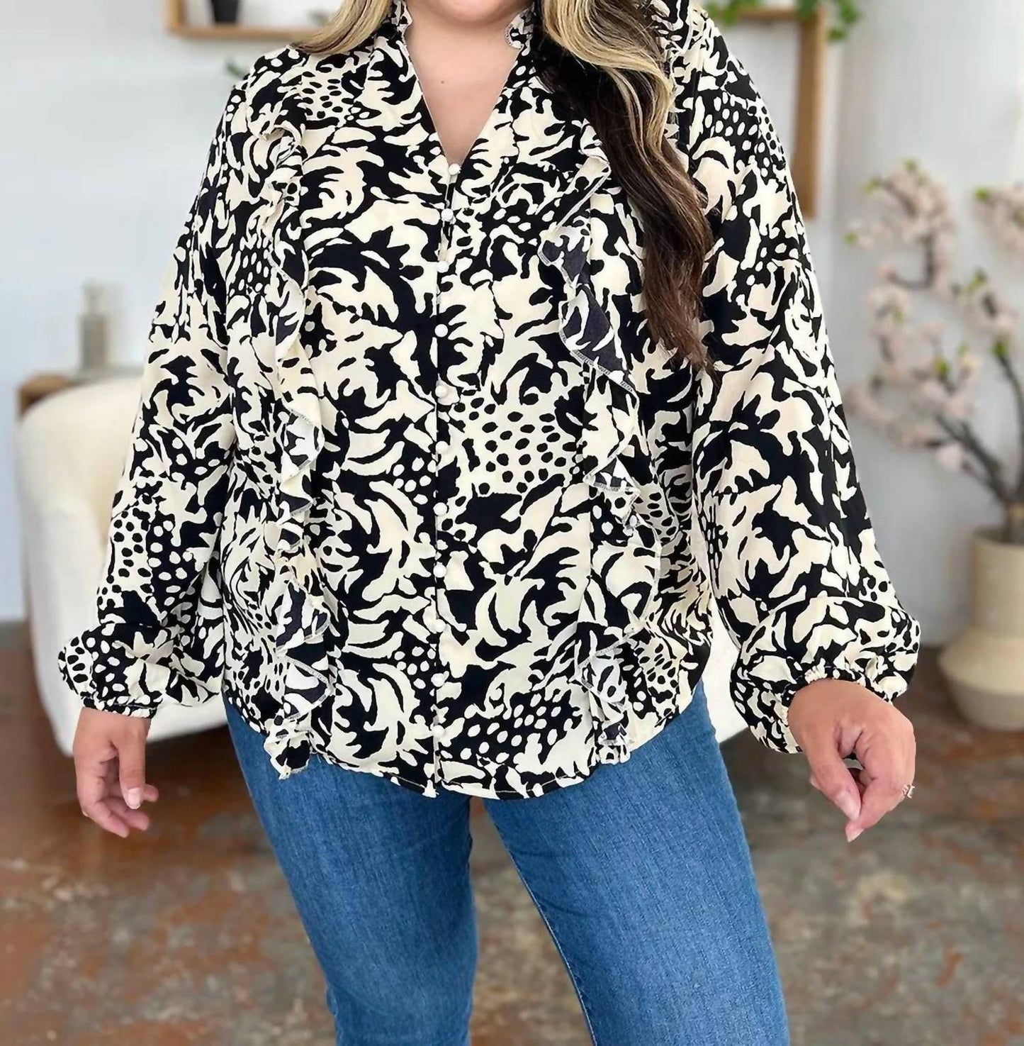Double Take - Full Size Printed Ruffle Trim Balloon Sleeve Shirt
