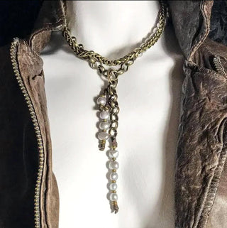 Embrazio - Bronze and Baroque Pearl Opera Necklace or Double-Wrap Choker with Cascading Pearl Tassel