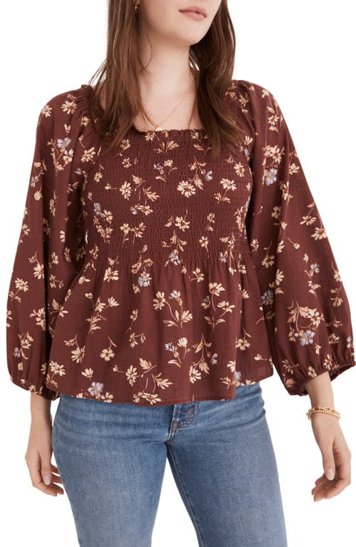 Madewell Lucie Smocked Square Neck Cotton Peplum Blouse in Dark Merlot, Size 16