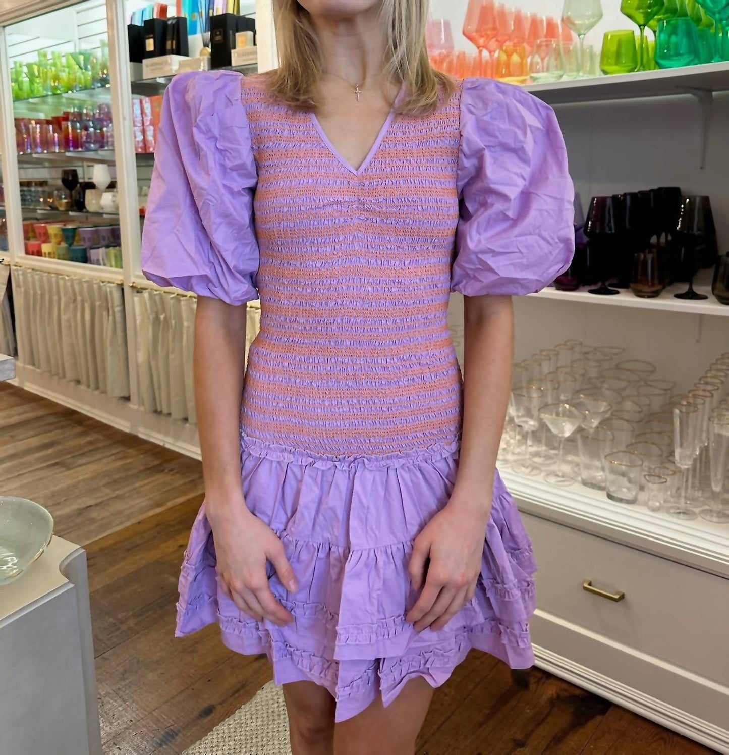 Karlie - Solid Poplin V-neck Smock Mini Dress