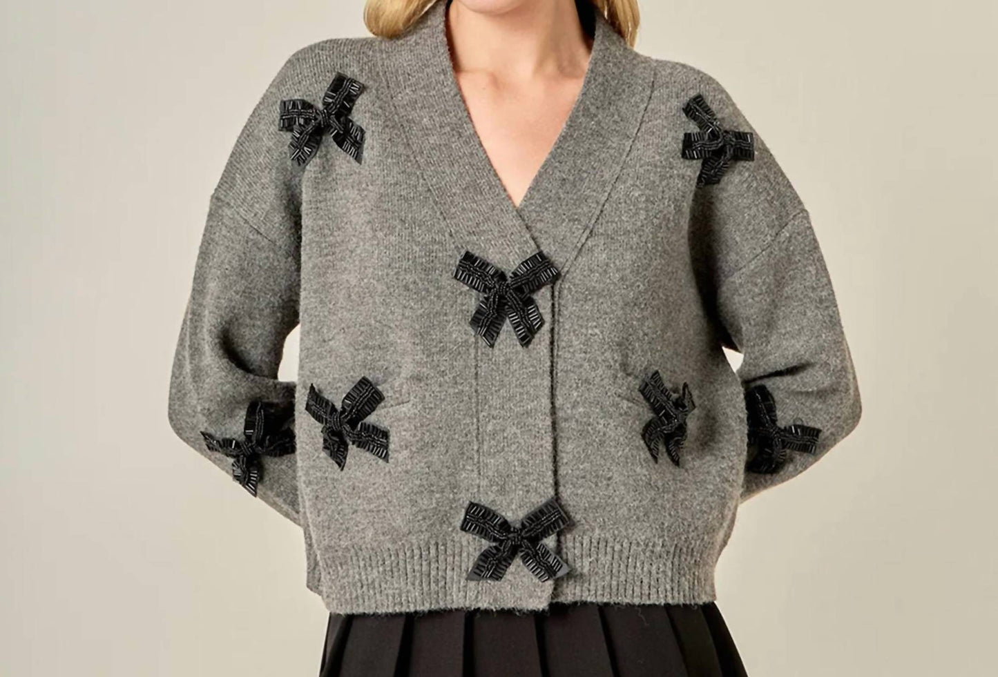 2.7 August Apparel - Chunky Cardigan with Beaded Big Bow