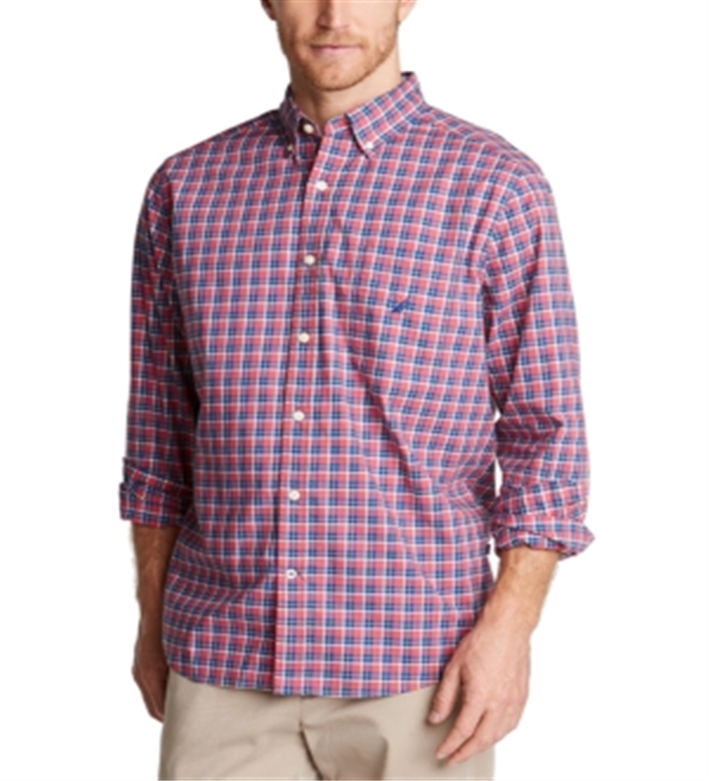 Nautica Men's Classic Fit Blue Sail Casual Plaid Shirt Red Size Small