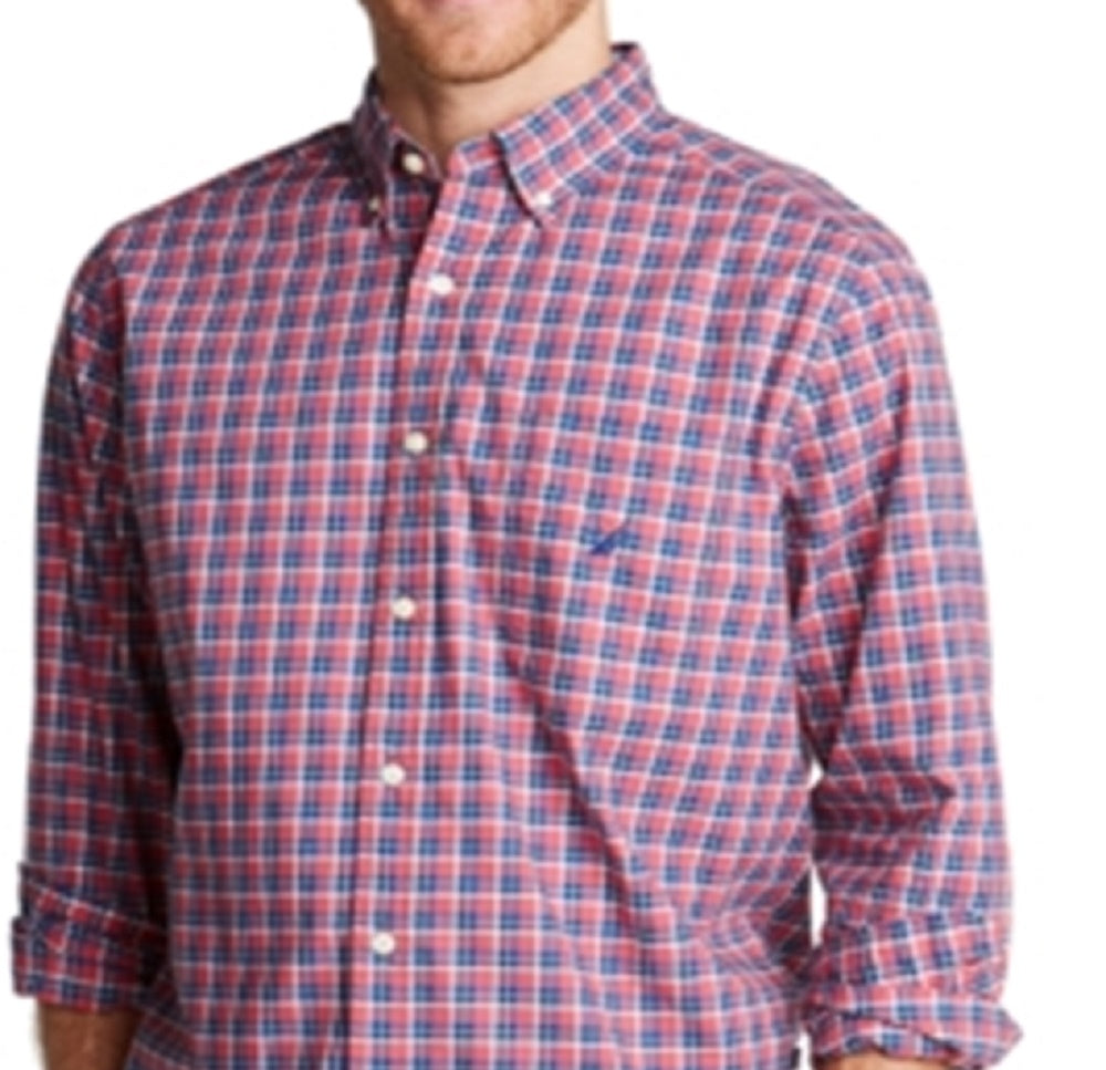 Nautica Men's Classic Fit Blue Sail Casual Plaid Shirt Red Size Small