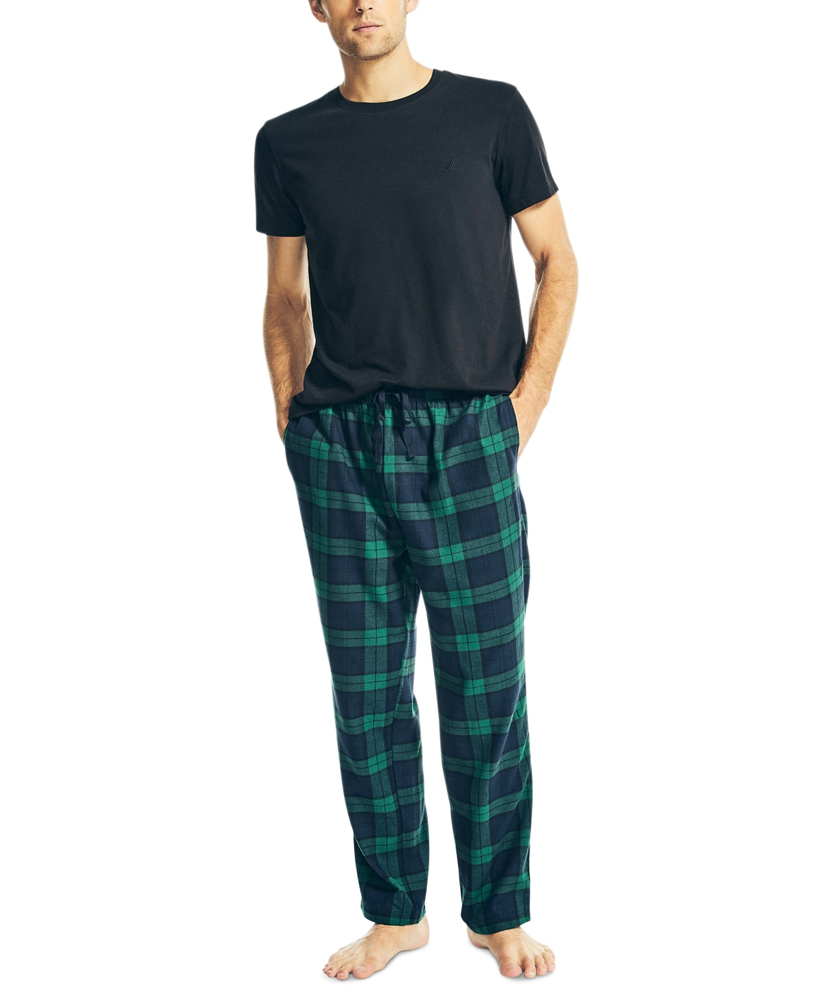 Nautica Men's 2 Pc Classic Fit Solid T-Shirt & Plaid Flannel Pajama Pants Set Black Size Medium