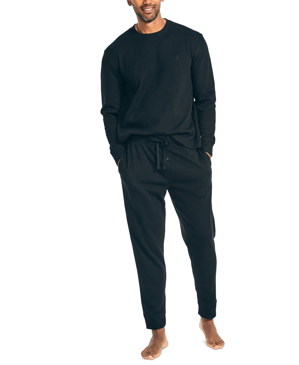 Nautica Men's Waffle Knit Thermal Pajama Set Black Size Small
