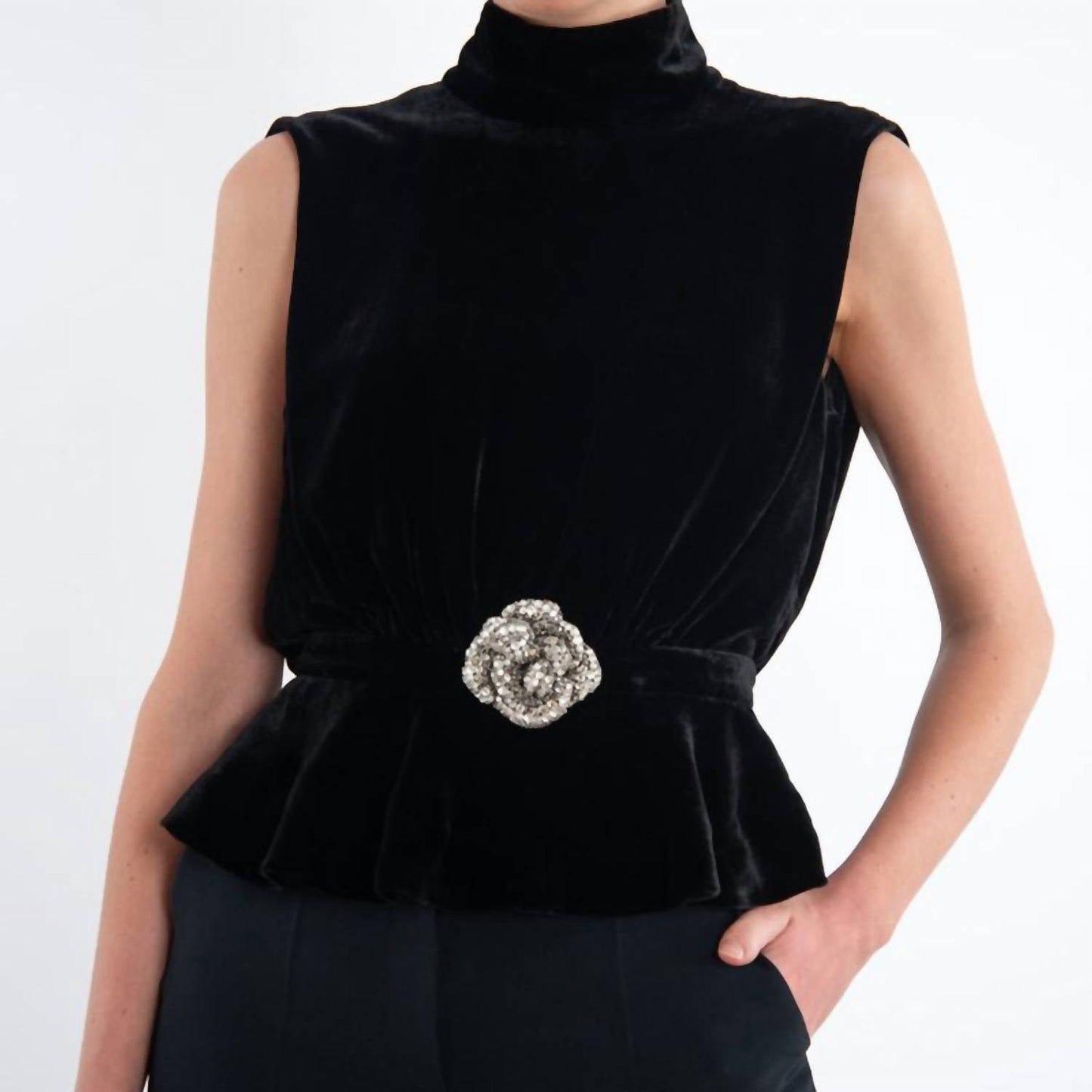 Saloni - Sleeveless Peplum Velvet Blouse