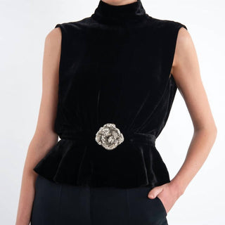 Saloni - Sleeveless Peplum Velvet Blouse