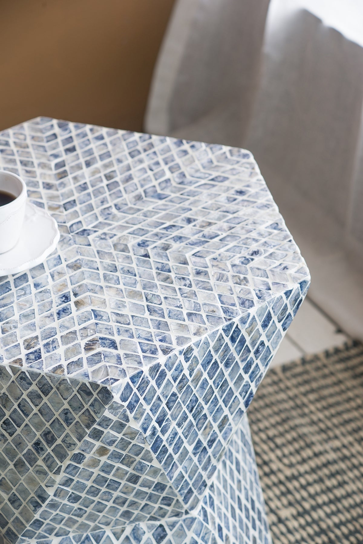 19x19x20" Tapered Blue Garden Capiz Stool, Accent Side Table