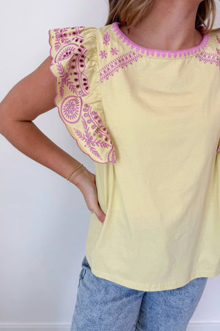 Easel - Chartreuse & Orchid Embroider Knit Top
