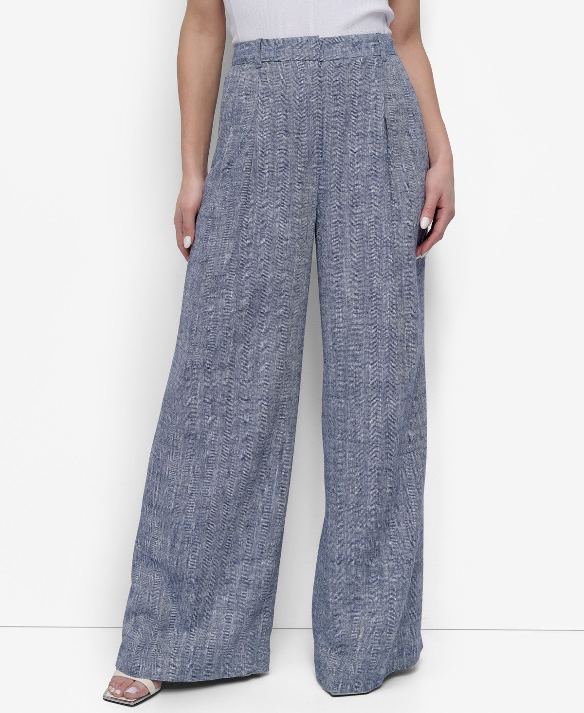DKNY Petite High Rise Wide Leg Pants Atlantic Blue Ivory