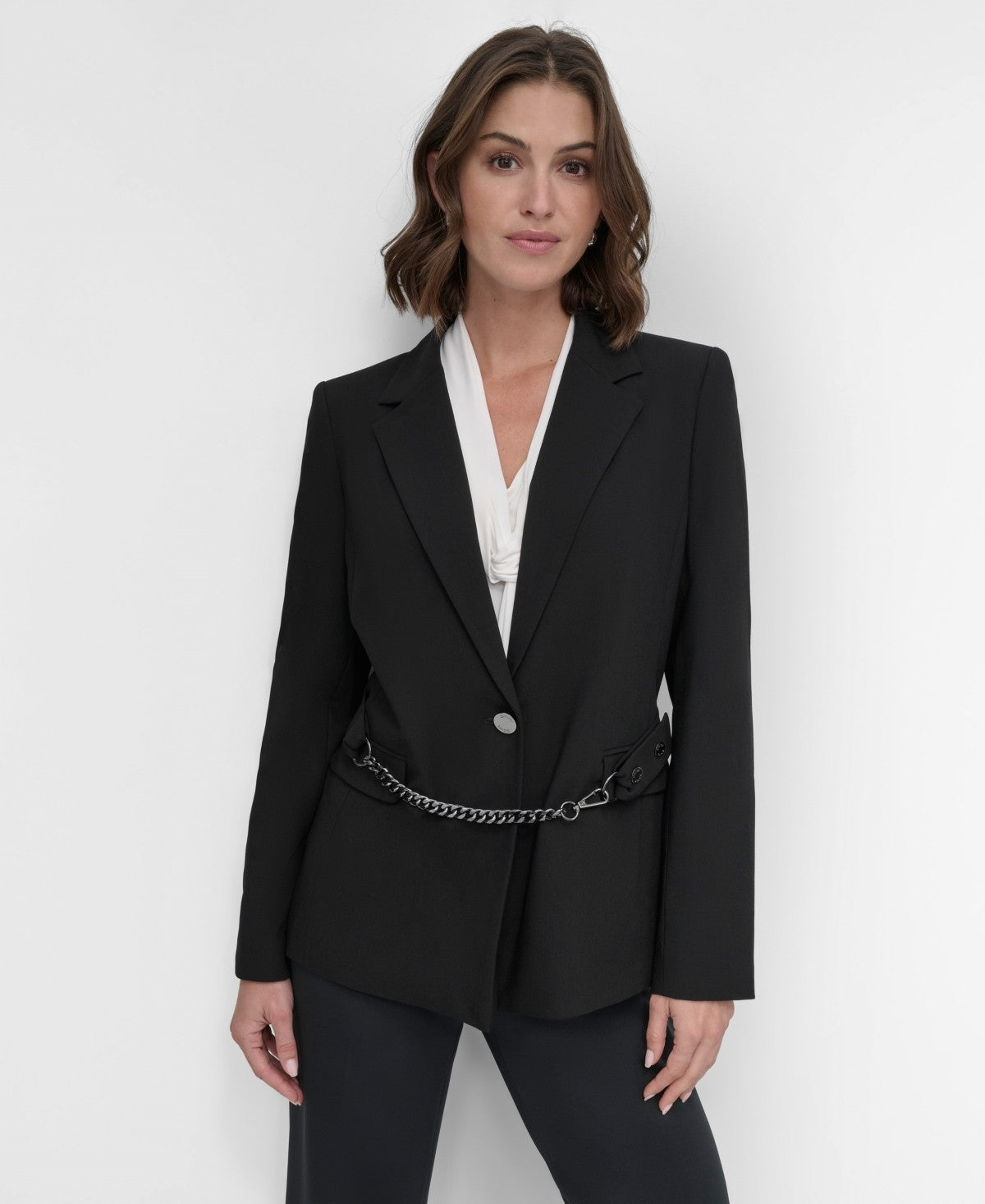 DKNY Petite Belt Hardware One Button Blazer Black