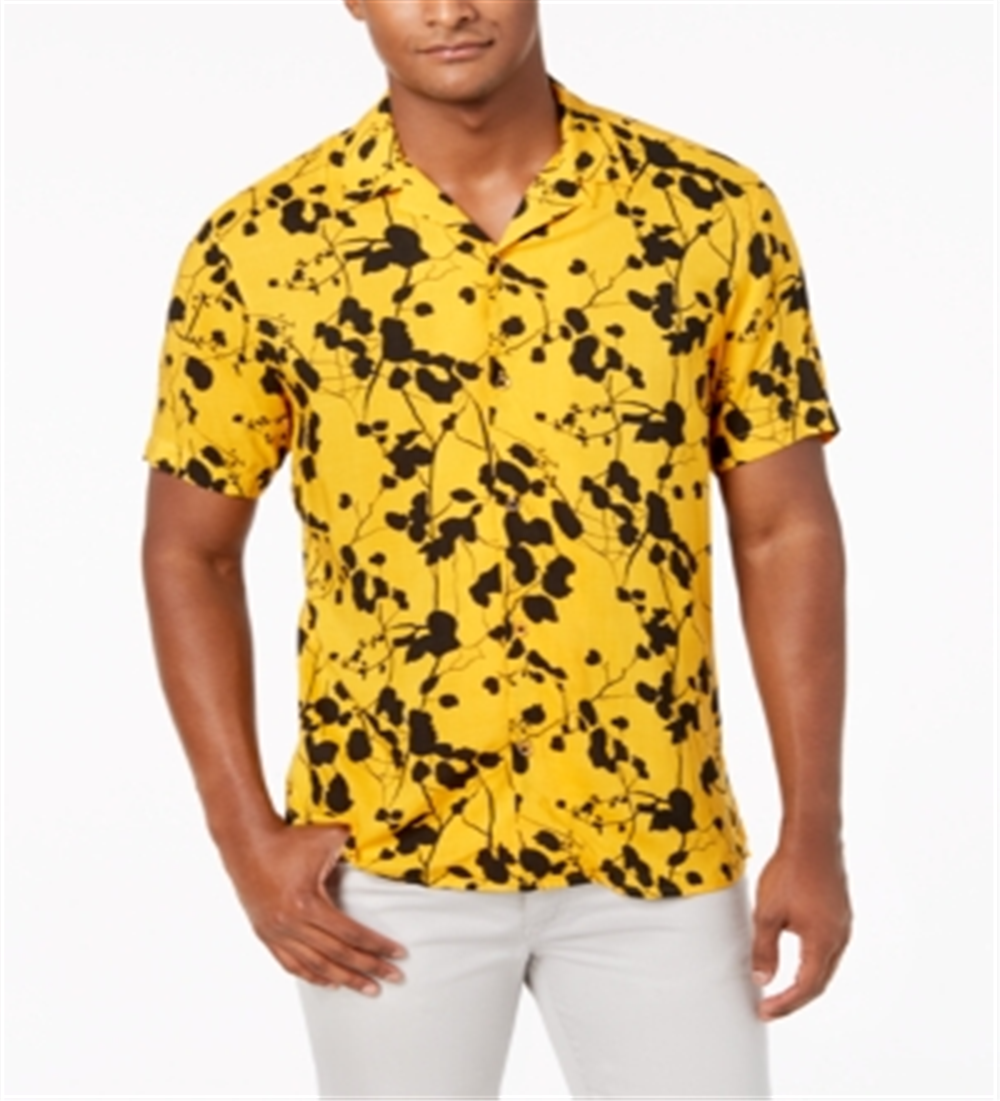 INC International Concepts Men's Samuel Casual Printed Button Down Shirt Yellow Size X-Large