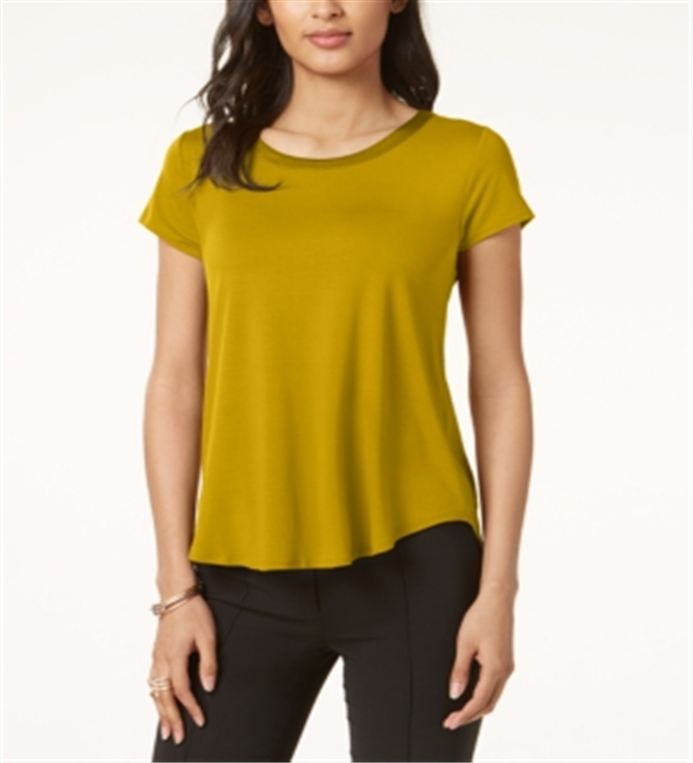 Alfani Women's Satin Trim High Low T-Shirt Yellow Size Petite