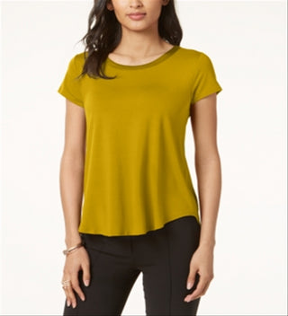 Alfani Women's Satin Trim High Low T-Shirt Yellow Size Petite