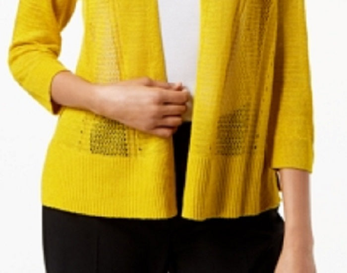 Alfani Women's Mixed Stitch Linen Blend Open Front Cardigan Yellow Size Petite Small