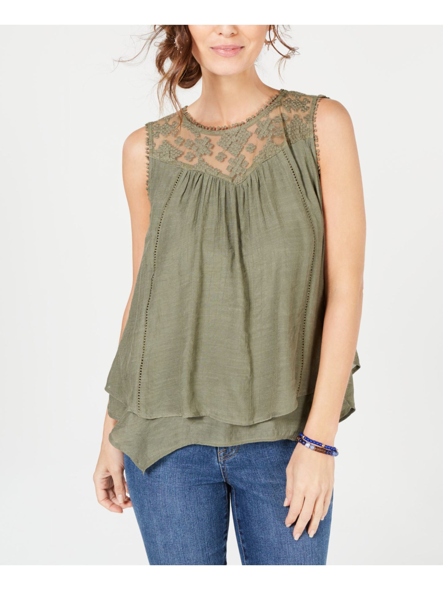 Style & Co Women's Sleeveless Jewel Neck Top Green Size Small