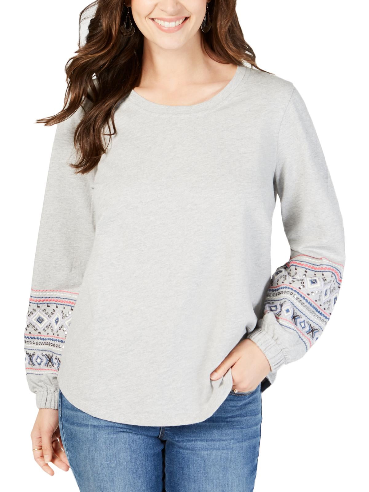 Style & Co Women's Yoke Crew Neck Pullover Top Gray Size Large