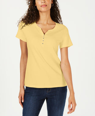 Karen Scott Women's Short Sleeve Henley Top Yellow Size Medium