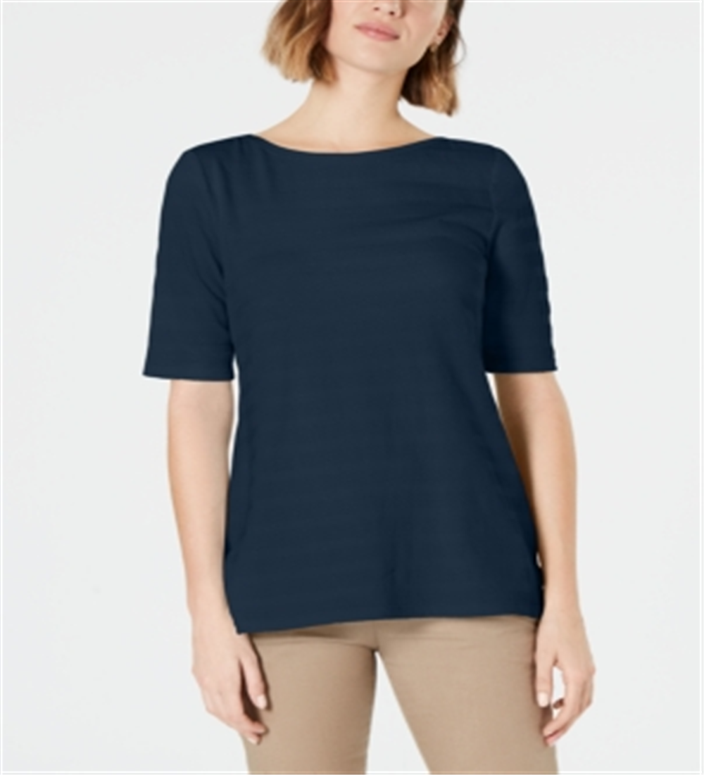 Charter Club Women's Cotton Texture Striped Elbow Sleeve Top Blue Size XX-Large