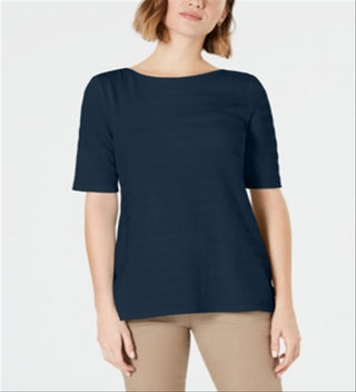 Charter Club Women's Cotton Texture Striped Elbow Sleeve Top Blue Size XX-Large