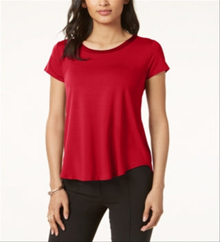 Alfani Women's Satin Trim High Low T-Shirt Red Size Petite