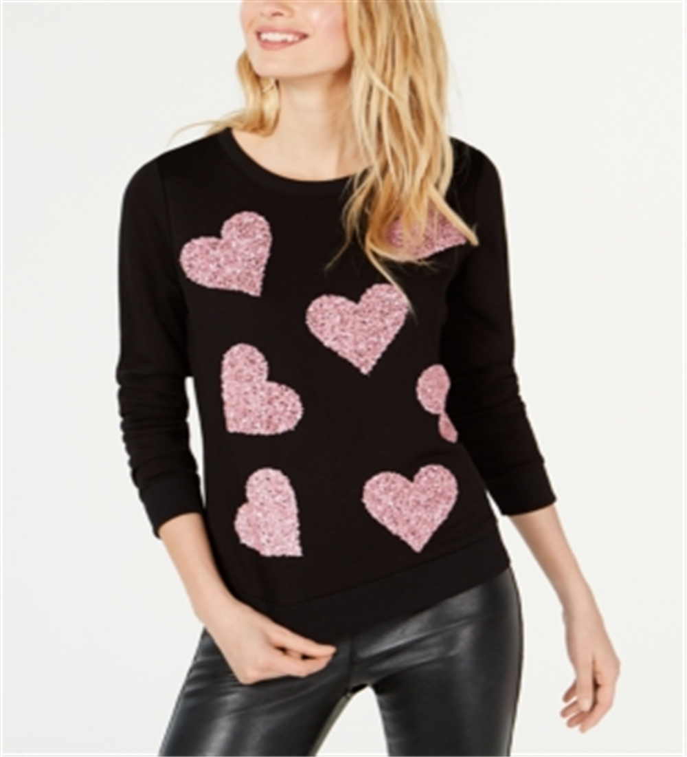 INC International Concepts Women's Sequin Heart Sweatshirt Black Size X-Small