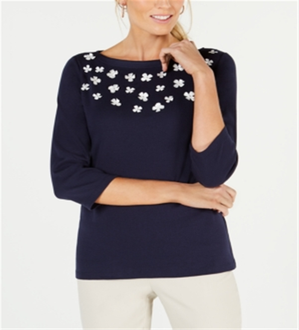 Karen Scott Women's Cotton Floral Applique Top Blue Size Medium