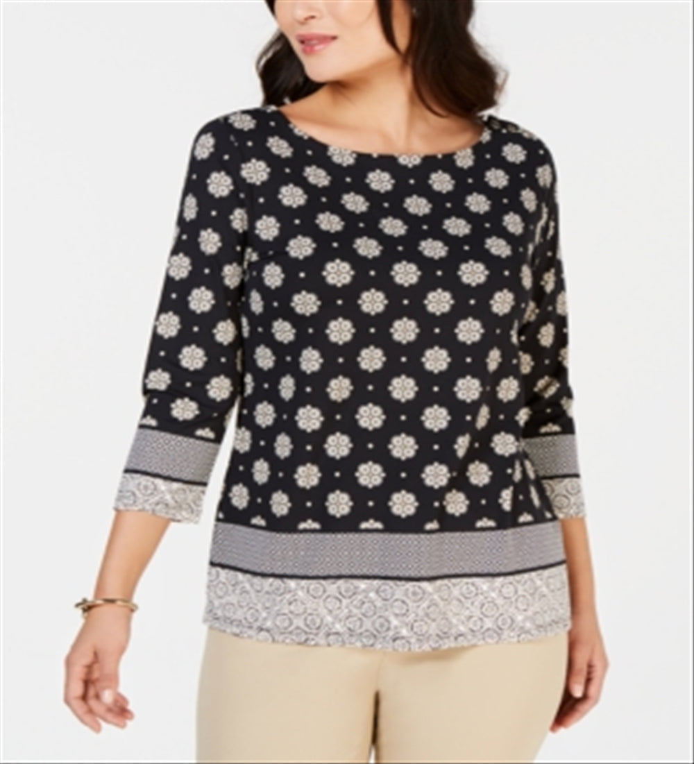 Charter Club Women's Printed Boat Neck Top Black Size Medium