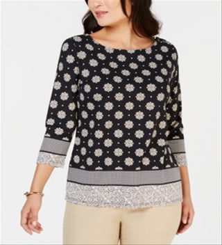 Charter Club Women's Printed Boat Neck Top Black Size Medium
