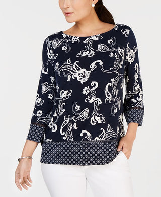 Charter Club Women's Multi Print Boatneck Top Blue Size Large