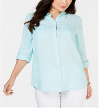 Charter Club Women's Linen Shirt Blue Size Small
