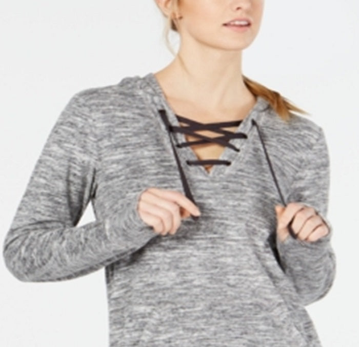Ideology Women's Sweatshirt Lace up Hoodie Gray Size X-Small