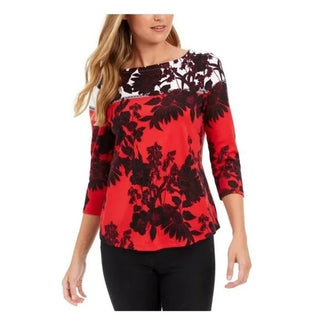 Charter Club Women's Pima Cotton Floral Top Black/Red Size Petite S