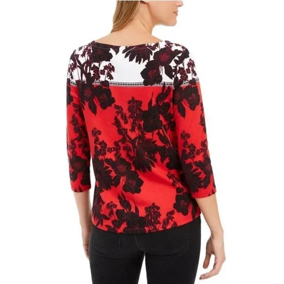Charter Club Women's Pima Cotton Floral Top Black/Red Size Petite S