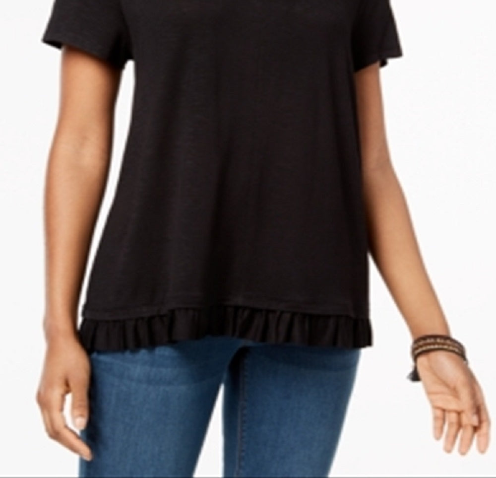 Style & Co Women's Ruffle Hem T-Shirt Black Size Medium