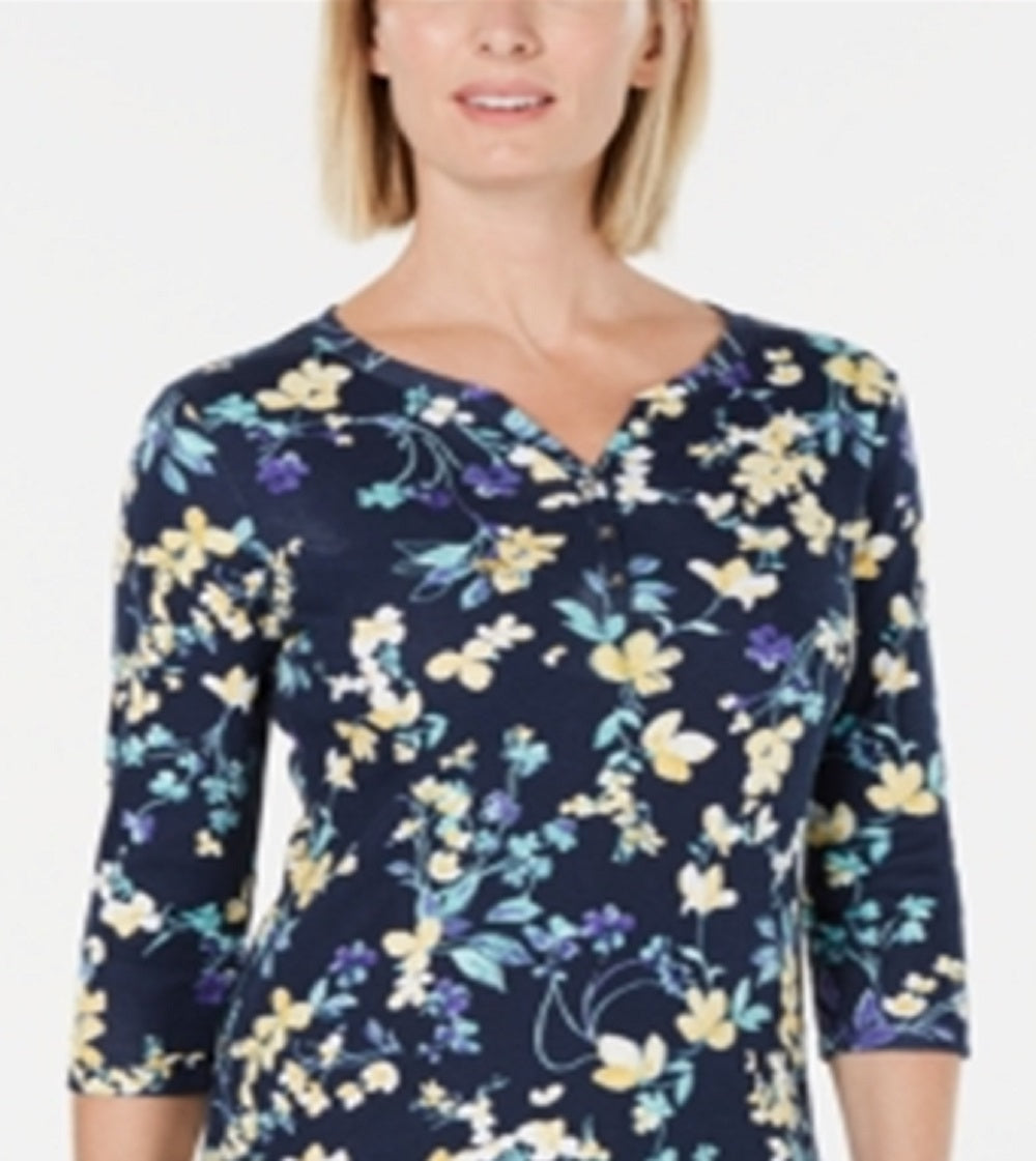 Karen Scott Women's Cotton Floral Print Henley Top Blue Blue Size Petite L