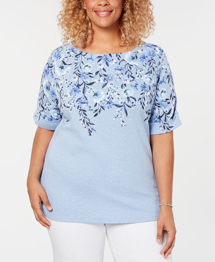 Karen Scott Women's Plus Floral Boatneck T-Shirt Blue Size 0X