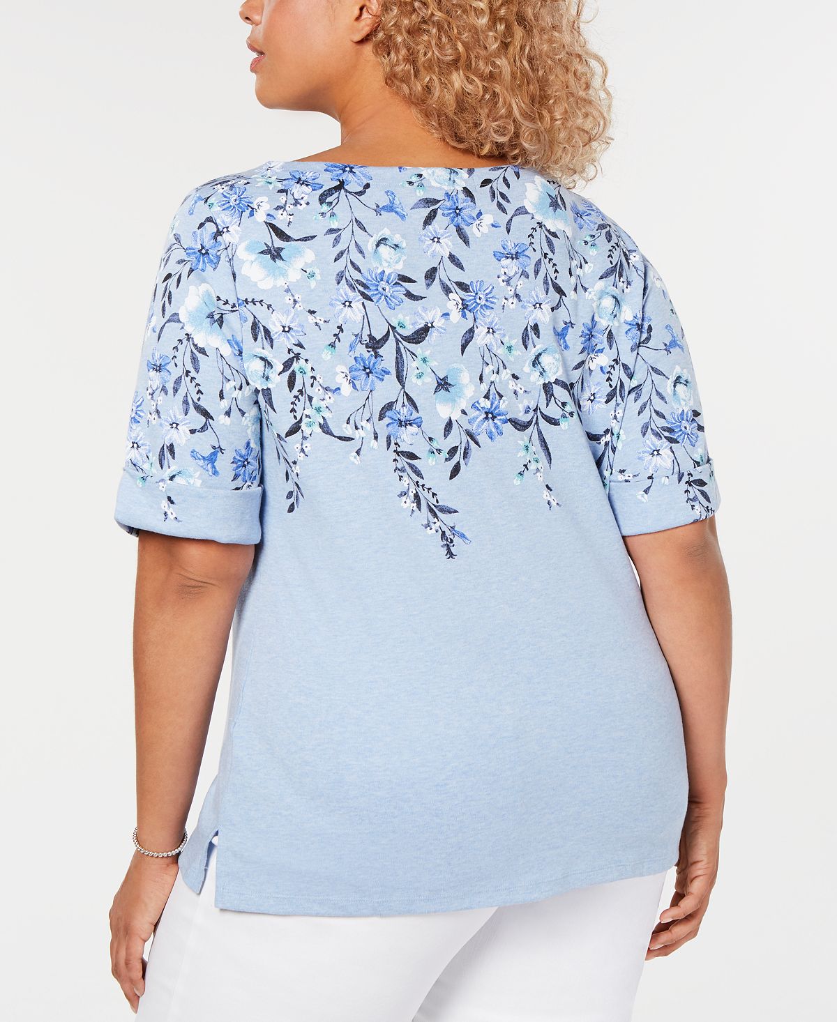 Karen Scott Women's Plus Floral Boatneck T-Shirt Blue Size 0X