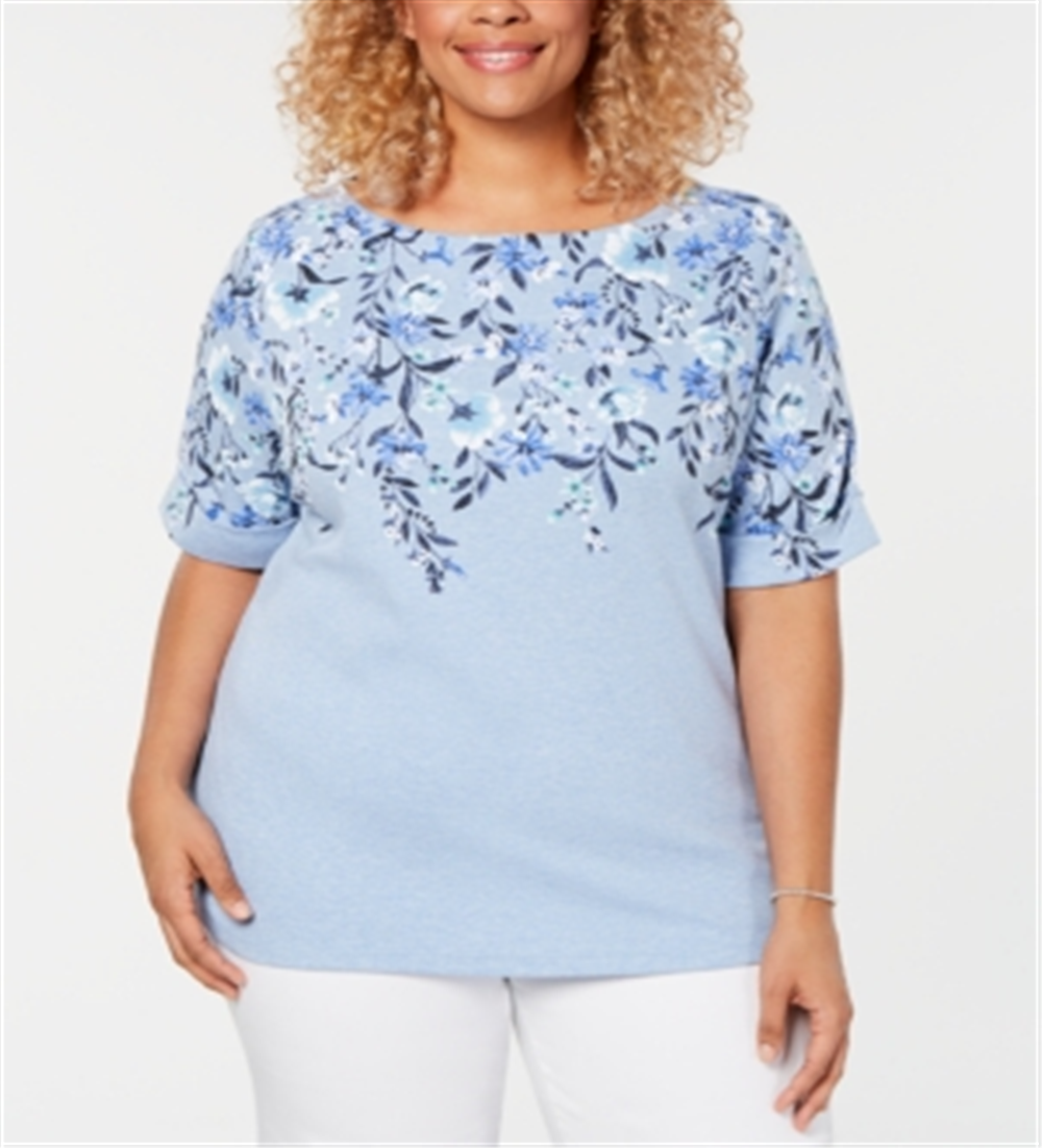 Karen Scott Women's Plus Floral Boatneck T-Shirt Blue Size 0X