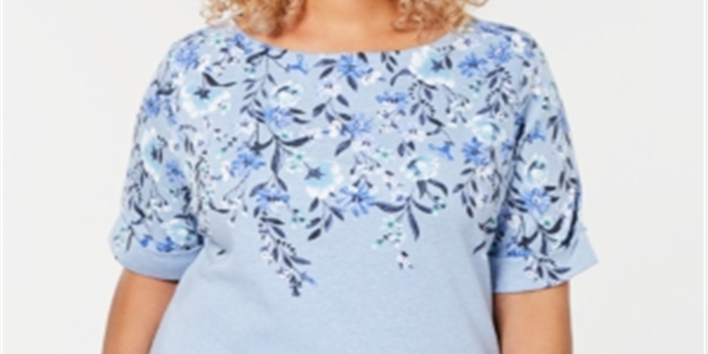Karen Scott Women's Plus Floral Boatneck T-Shirt Blue Size 0X