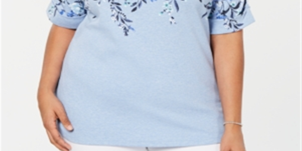 Karen Scott Women's Plus Floral Boatneck T-Shirt Blue Size 0X