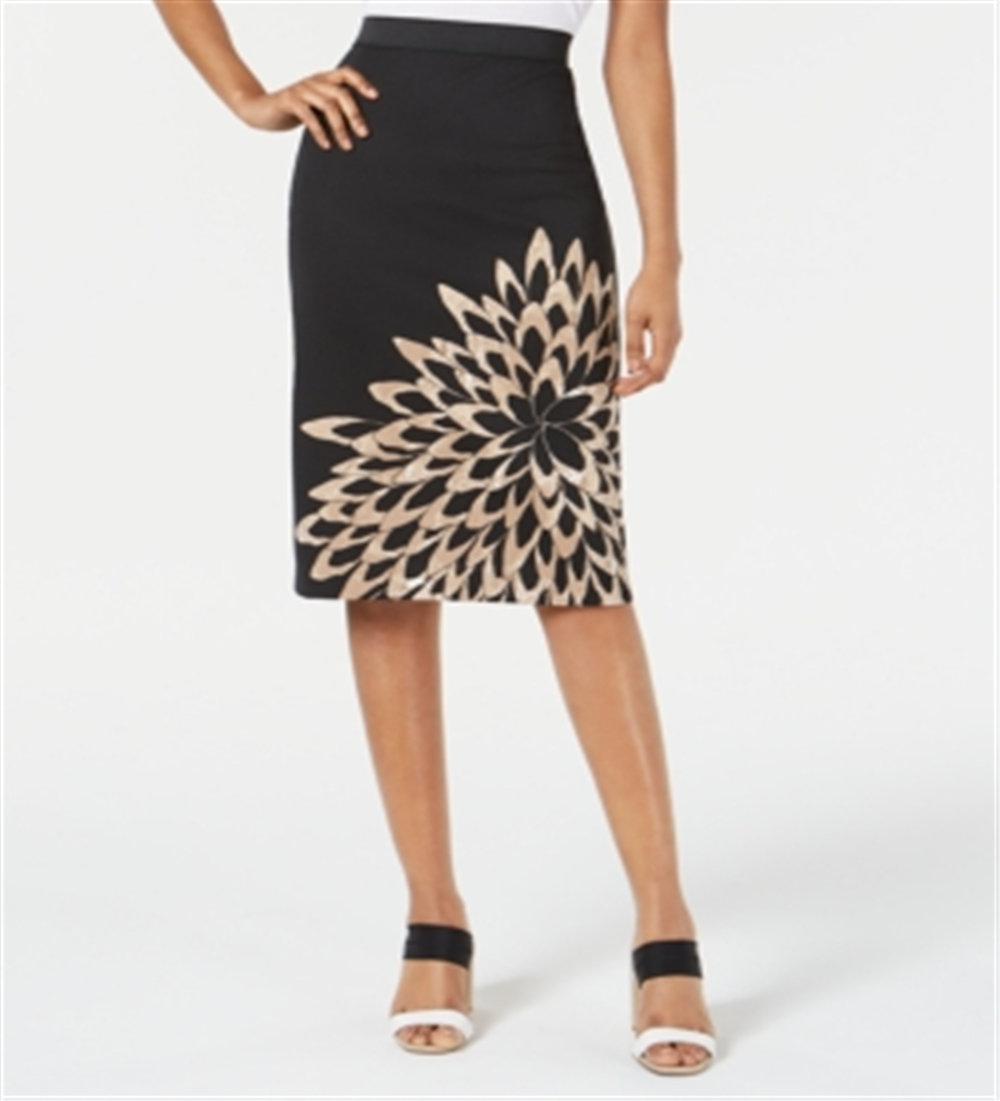 Alfani Women's Stretch Zippered Slitted Scuba Lined Floral Knee Length Wear To Work Pencil Skirt Black Size Small