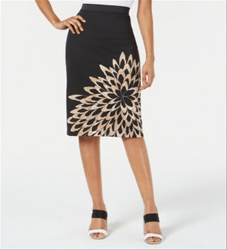 Alfani Women's Stretch Zippered Slitted Scuba Lined Floral Knee Length Wear To Work Pencil Skirt Black Size Small