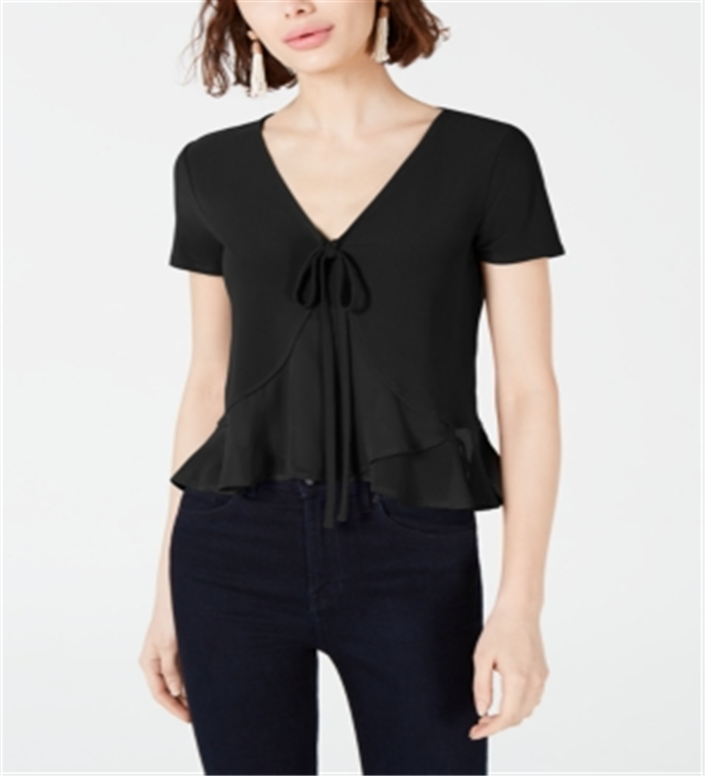 Bar III Women's Mixed Media Tie Front Blouse Black Size Medium