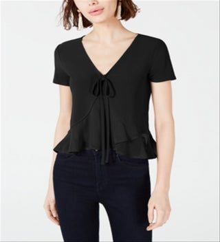 Bar III Women's Mixed Media Tie Front Blouse Black Size Medium