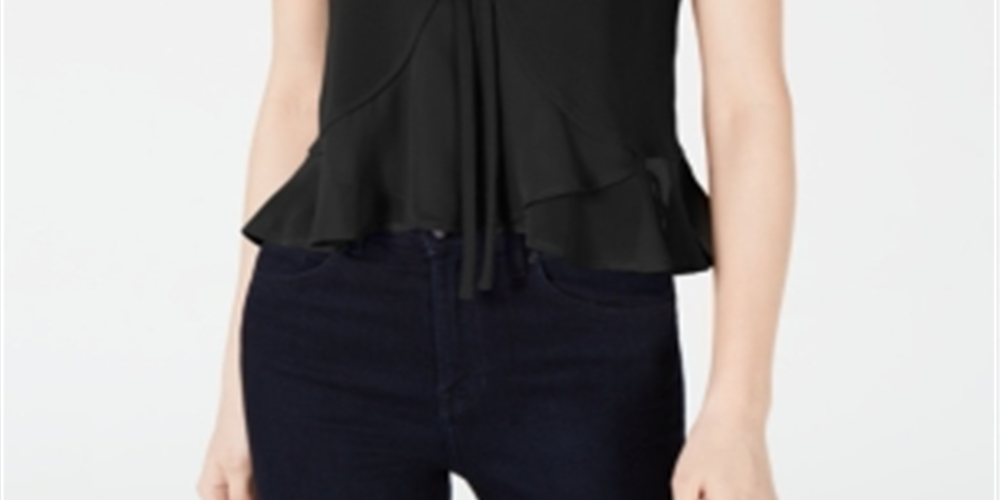 Bar III Women's Mixed Media Tie Front Blouse Black Size Medium