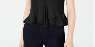 Bar III Women's Mixed Media Tie Front Blouse Black Size Medium