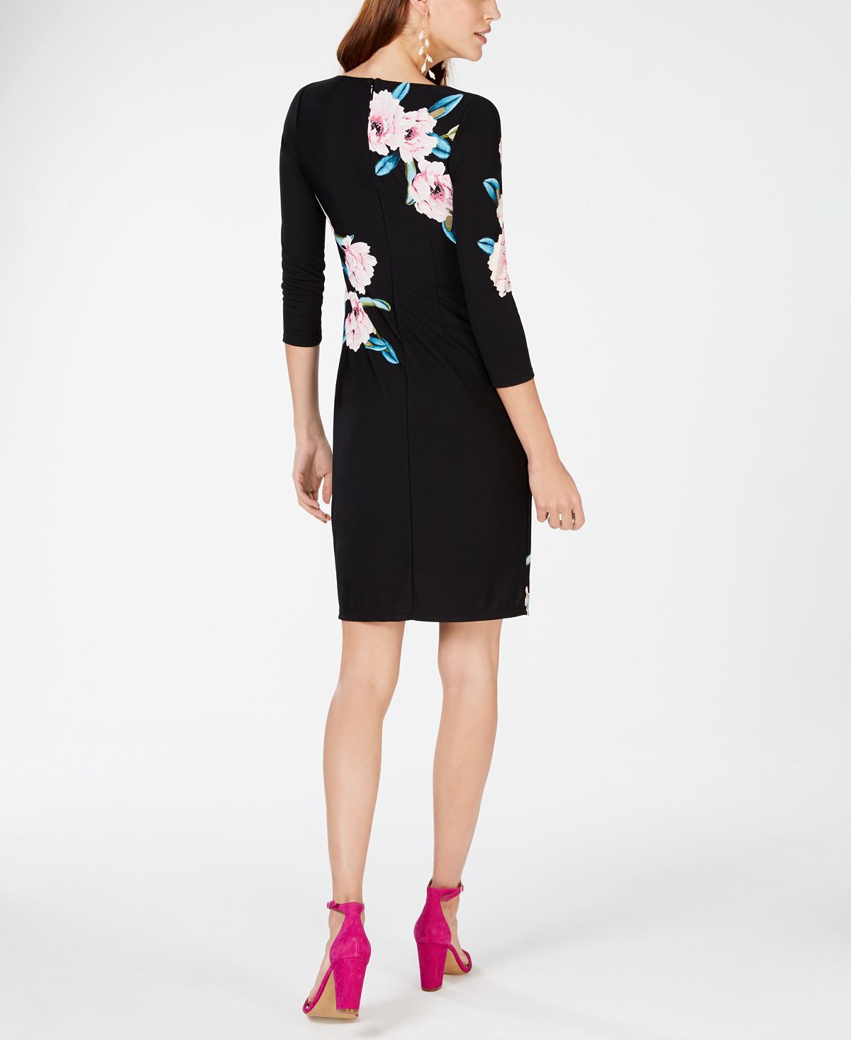 INC International Concepts Women's Long Sleeve Floral Sheath Dress Black Size Petite