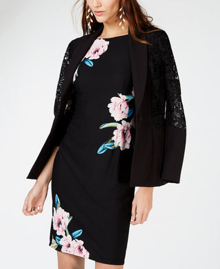 INC International Concepts Women's Long Sleeve Floral Sheath Dress Black Size Petite