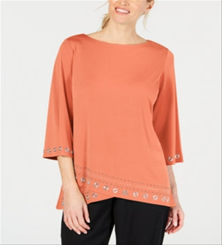JM Collection Women's Embellished Boat Neck Top Orange Size Medium